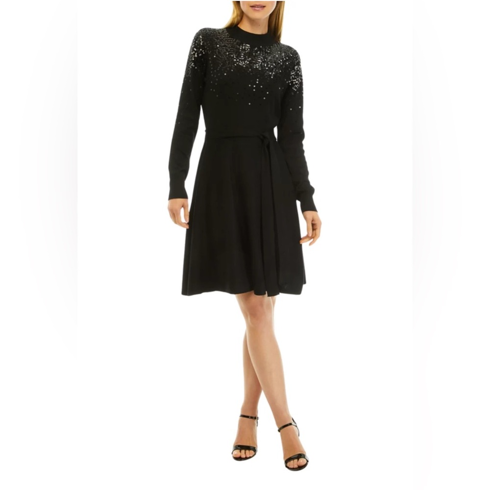 Vince Camuto Sequin Embellished Mock Neck Long Sleeve Black Knit Dress NWT